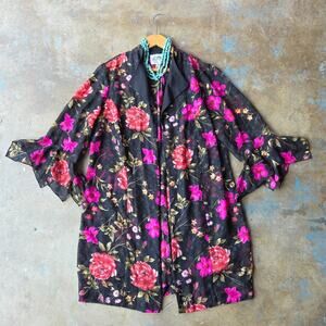 Vintage 90s Women's Floral Duster Top Plus Size 18W Black Semi Sheer Polka Dot